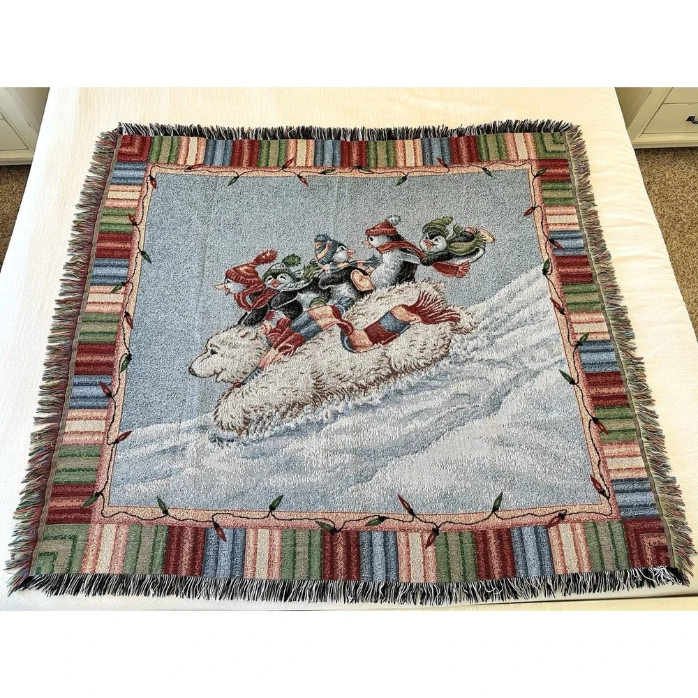 Tapestry Throw Blanket Christmas Polar Bear Sled Penguins 51